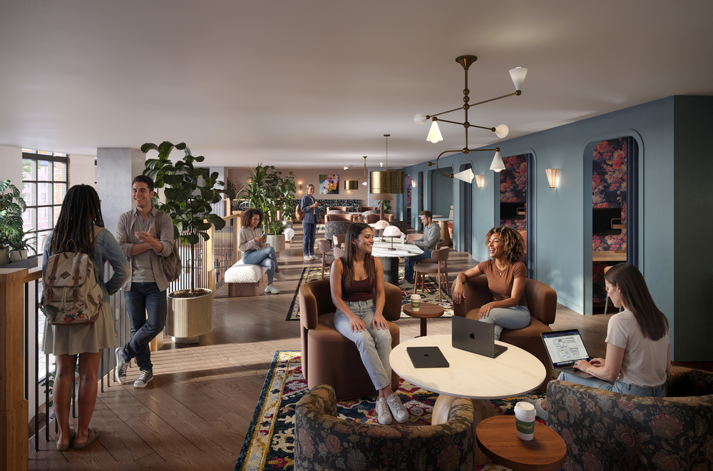 A modern lounge at Rambler Ann Arbor with people socializing, working on laptops, and relaxing on chairs and sofas. The space features plants, decorative lighting, patterned walls, and a casual coworking atmosphere.